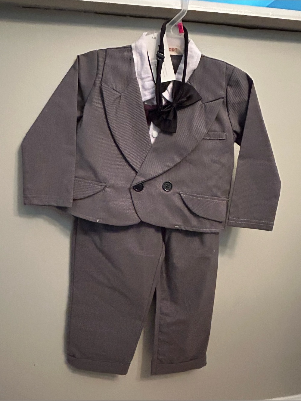 2T Toddler Gray Pinstripe Suit with Bow Tie